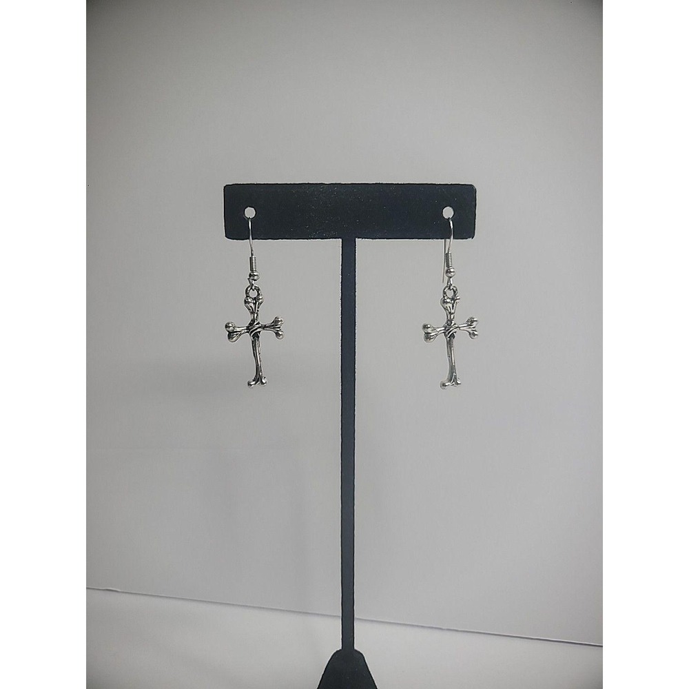 Vintage Silver Tone Cross Earrings Pierced Hooks Womens Jewelry Costume - Picture 5 of 7